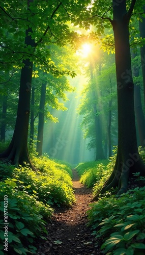 Serene landscape featuring a sun-dappled forest floor, lush green foliage, and dappled sunlight filtering through the trees Perfect for nature, travel, and environmental themes , countryside, quiet