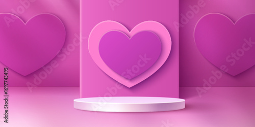 Pink heart podium with layered 3d Valentine day decorations for romantic product displays. White cylindrical platform on gradient wall bg with love shapes and soft shadows for beauty or gift marketing