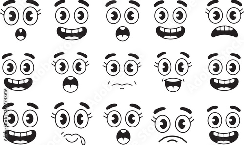 Set of fifteen cartoon facial expressions with large eyes and open mouths on a white background Keywords: face, expression, emotion, cartoon, character, drawing, illustration, graphic, design