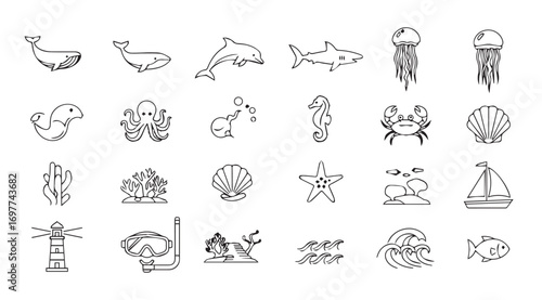 Collection of hand drawn nautical and ocean themed icons in silhouette style