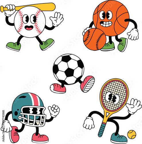 Cartoon sports characters playing baseball basketball soccer football tennis vector