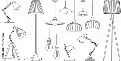 Collection of diverse lamps and light fixtures in a clean line art style