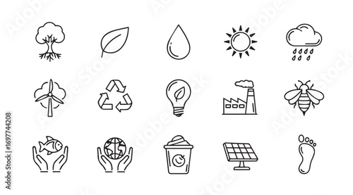 Collection of eco friendly icons in a distinctive silhouette style
