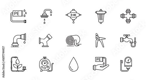Collection of water related icons in a simple line drawing silhouette style