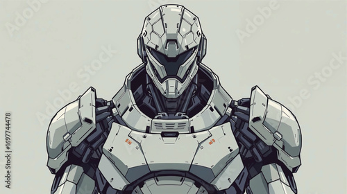 Cyber guardian robot with helmeted armor and segmented plating, futuristic vector illustration in sharp angular style. Ai generate 