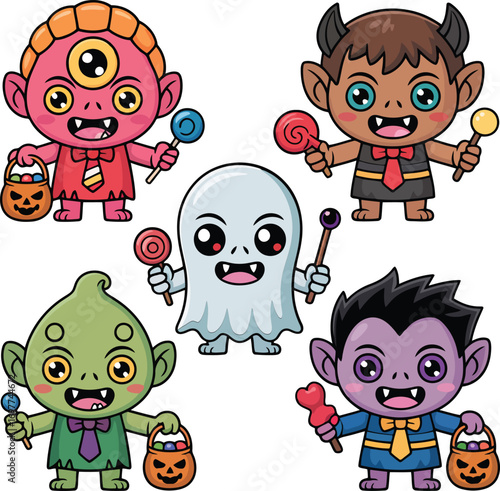 Cute cartoon monsters holding candy and trick or treat buckets ghost vampire