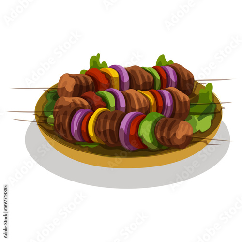 Delicious traditional kebabs with onion, bell pepper, and grilled meat on sticks.