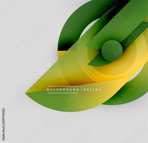 Abstract graphic design. Overlapping shapes create leaflike form. Green, yellow hues dominate neutral background. Modern, dynamic composition.
