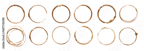 Coffee cup or tea stain drink ring vector illustration set isolated on white background. Coffee stain mark trace ring cup spot trace. Brown round splashes of drink collection.