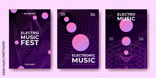 Electro music party posters set. Vector realistic illustration of poster templates for concert or night club show, abstract neon shapes and text on purple background, techno fest brochure layout