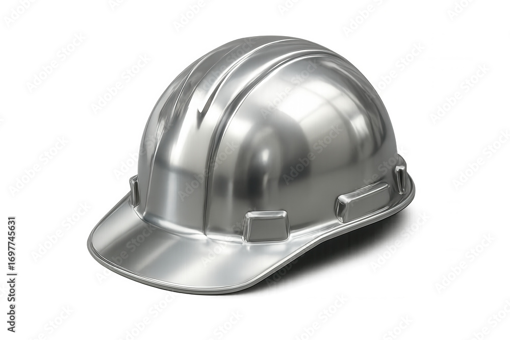 Obraz premium Chrome hard hat on transparent background symbolizing industrial safety and worker protection in challenging environments