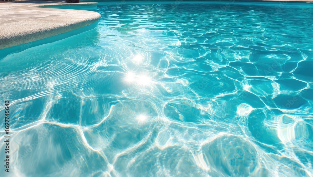 Obraz premium Sparkling turquoise pool water, shimmering with sunlight reflections, showcasing rippling texture.