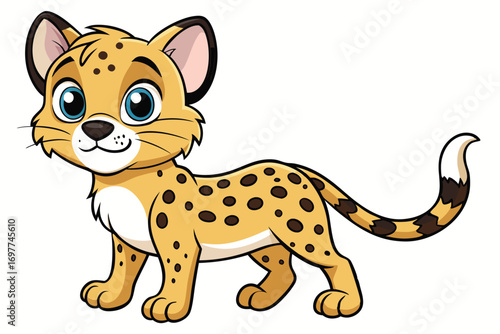 Cartoon of Cute Cheetah Cub with Big Blue Eyes on a White Background