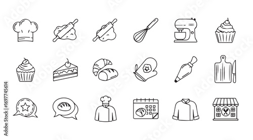 Collection of hand drawn baking and pastry icons in silhouette style