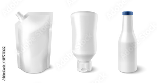 Plastic sauce package mockups set isolated on white background. Vector realistic illustration of pouch and bottle templates with caps and blank space for branding, food packaging, soap doypack