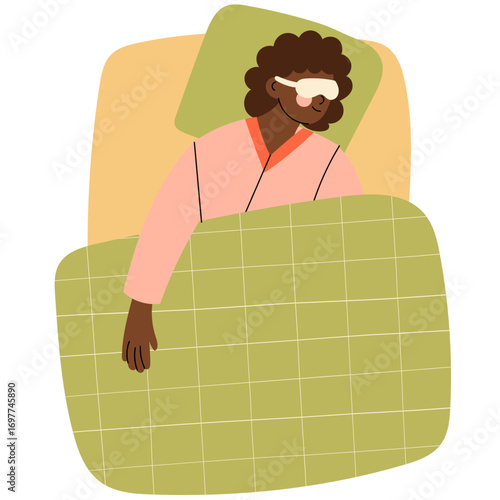 Dark-skinned woman sleeping with an eye mask. Relaxed dark-skinned woman resting with a soft eye mask, symbolizing healthy sleep, relaxation, self-care, and night time wellness routine. 