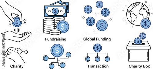 Financial icons illustrating concepts like charity, fundraising, global funding, transactions, and donations.
