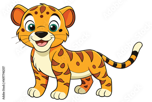 Cartoon Orange Tiger Cub Smiling with Stripes, Spots on White Background