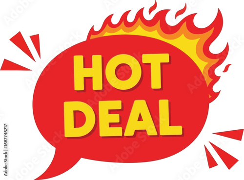 Fiery red speech bubble announcing a hot deal with flames, perfect for sales and promotions.