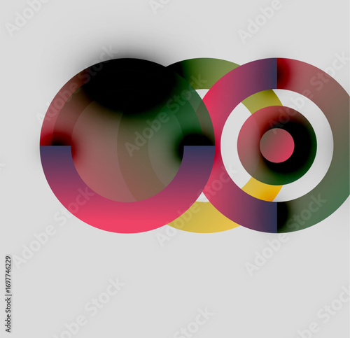 Abstract colorful circles overlap, creating blurred shapes. Gradient hues blend, forming dynamic visual composition. Soft gray background enhances contrast.