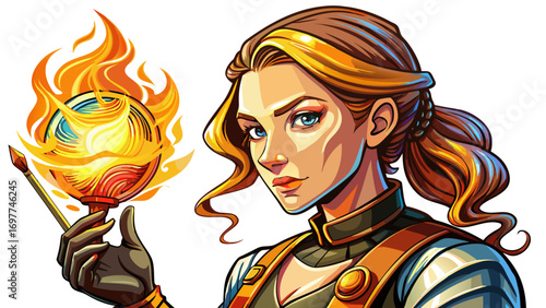 Close-up portrait of female glassblower holding a glowing piece. White background showcases skill, beauty, and craftsmanship.