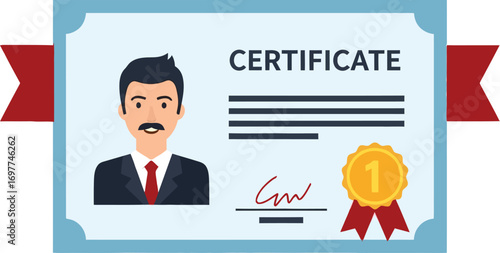 Man with mustache awarded a certificate with gold medal and red ribbons