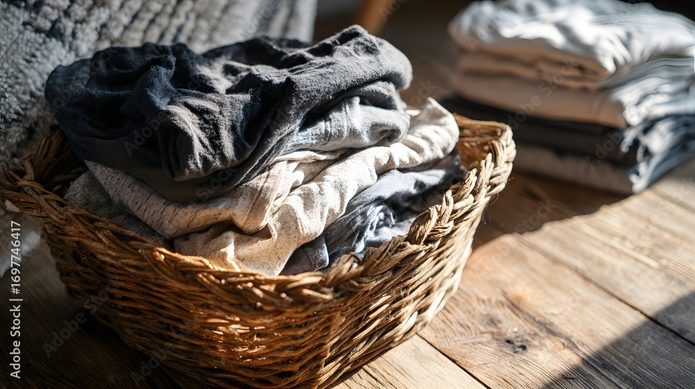 Obraz premium Laundry basket with folded clothes in sunlit room.