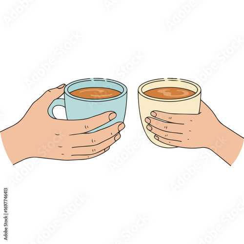 Coffee Time: Two hot coffee mugs in two hands, a reflection of warm relationships and friendly chats—great for culture, workplace or family, or in flyer and poster design.