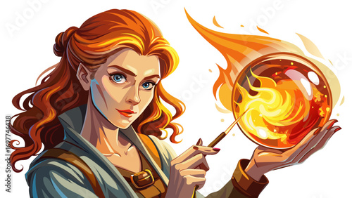 Close-up portrait of female glassblower holding a glowing piece. White background showcases skill, beauty, and craftsmanship.