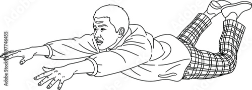 Man in plaid pants doing a yoga pose, reaching forward with open hands.
