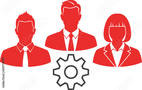 Teamwork and collaboration represented by stylized silhouettes and a gear icon.