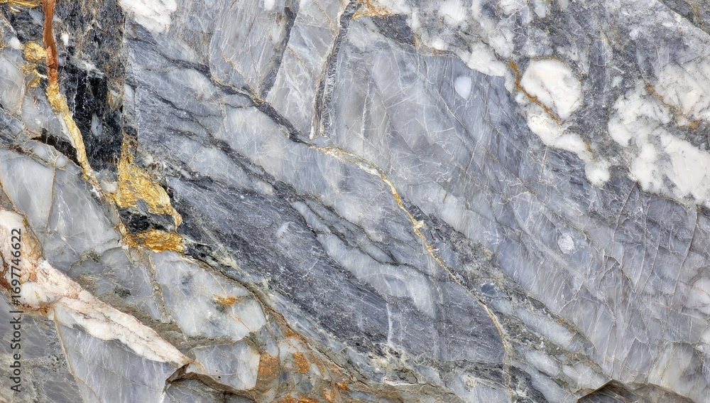 Fototapeta premium Textured surface of a gray marble stone, showcasing intricate veining patterns and golden inclusions.