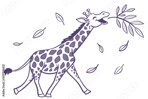 Cartoon Purple Giraffe Eating Leaves Branch Walking on White Background Art