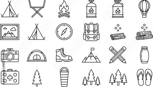 Collection of outdoor adventure and camping icons for travel and recreation