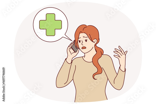 Woman calls 911 and calls for emergency medical help during personal emergency. Girl with mobile phone talks to 911 or doctor describing symptoms of disease and trying to get telemedicine diagnosis