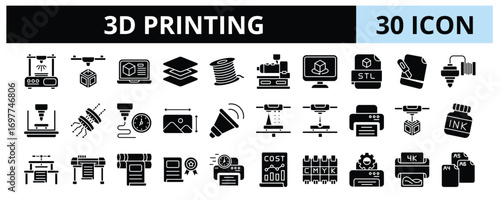 30 3D Printing Glyph Icons Vector - Additive Manufacturing, Extrusion, STL File, Resolution, Layering, Laser Sintering, Stereolithography
