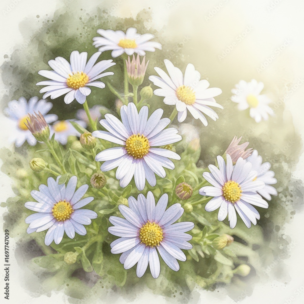 Fototapeta premium Gentle watercolor daisy flowers blooming with sunlight