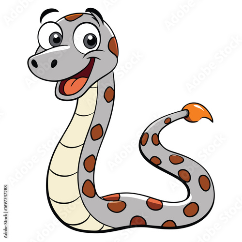 Cartoon Rattlesnake Art with Big Eyes, Cute Smiling Snake on White
