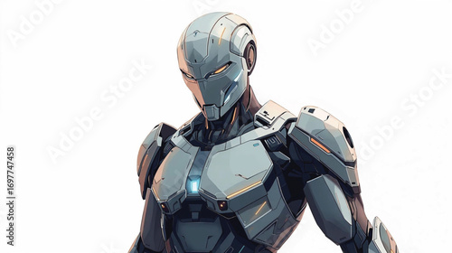 High-tech humanoid robot clad in helmeted armor, sharp geometric shapes and segmented plating, futuristic vector artwork, Ai generate 