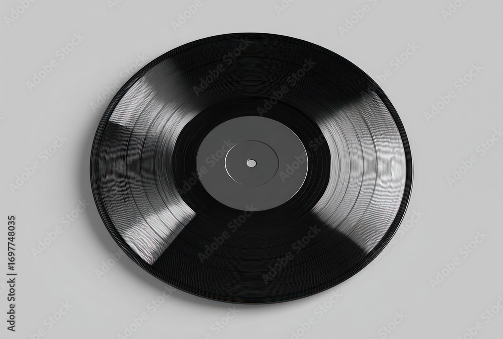Obraz premium A top-down shot of a black vinyl record with a gray center label against a light gray background. The record has a subtle sheen and spiral grooves