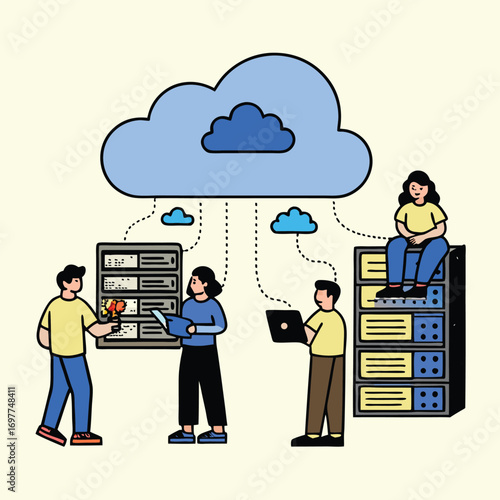 Team collaborating on cloud data servers, symbolizing teamwork and digital infrastructure growth