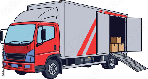 Red delivery truck with open cargo doors and ramp, ready for loading goods