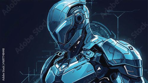 High-tech humanoid robot clad in helmeted armor, sharp geometric shapes and segmented plating, futuristic vector artwork, Ai generate 