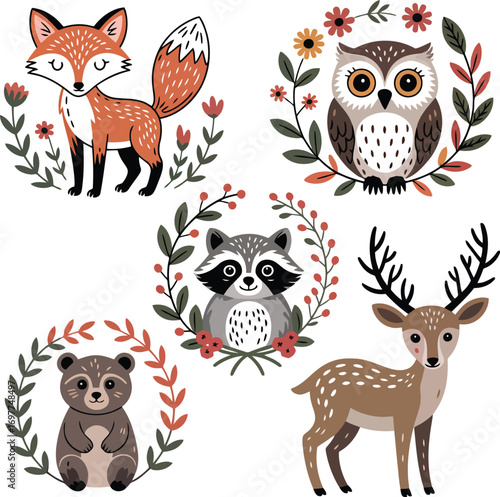 Woodland creatures and floral wreaths raccoon bear