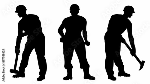 Silhouette illustration of three construction workers with tools in various poses on a white background | editable eps vectors