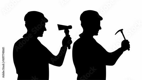 Silhouetted figures of men holding tools including an axe and a hammer against a white background | editable eps vectors