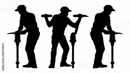 Three silhouettes of construction workers operating jackhammers in a construction or mining environment scene | editable eps vectors