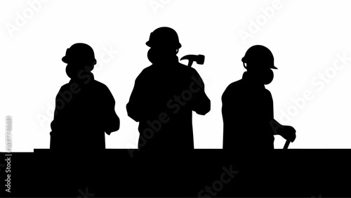 Silhouette of three construction workers with hard hats and masks working together on a project site area | editable eps vectors
