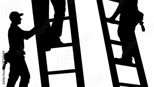 Silhouette of two workers climbing ladders against a white background in a high contrast black and white image | editable eps vectors