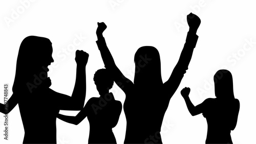 Silhouette of four women with raised fists in a celebratory or protest gesture against a white background | editable eps vectors